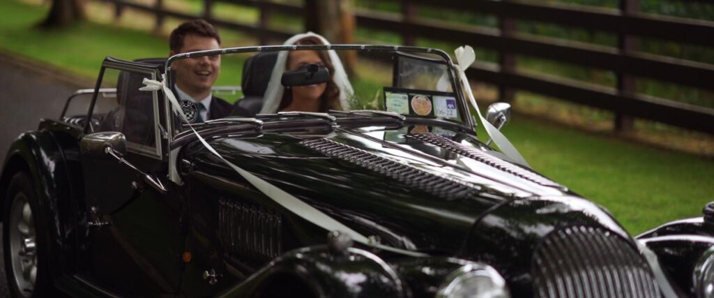 morgan convertible for bride and groom classic car en route to rathmullan house wedding video