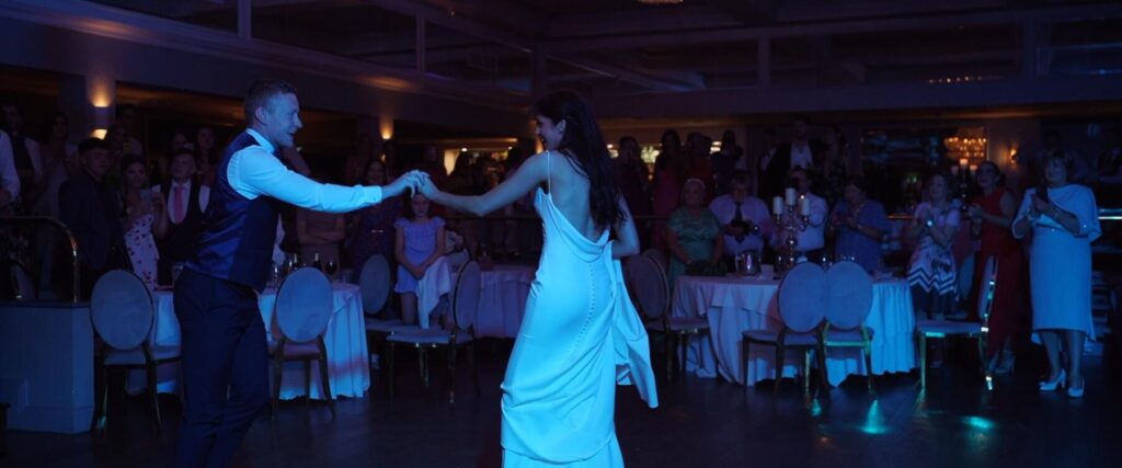 Colin Walshe and bride Karen dance in Harvey's Point on their wedding day.