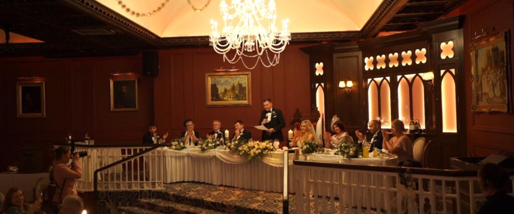Groom addresses the guests at his wedding with a great speech and some toasts in this Irish castle wedding