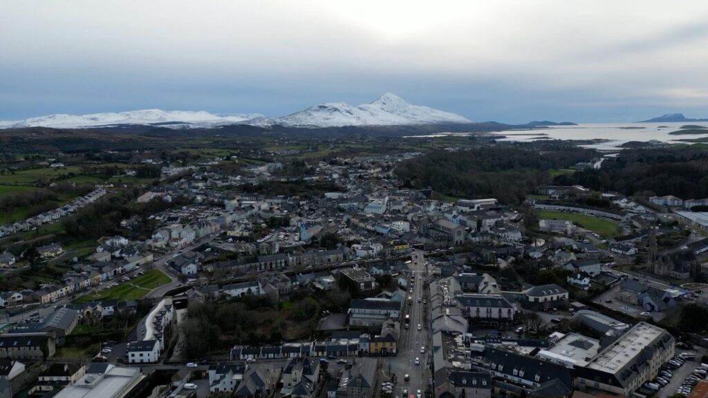 Aerial view of Westport and the Castlecourt Hotel and Croagh Patrick