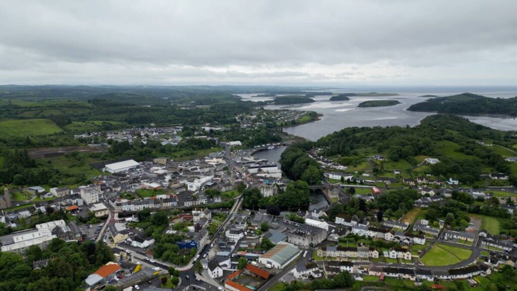 wedding in donegal town aerial drone image of the centre